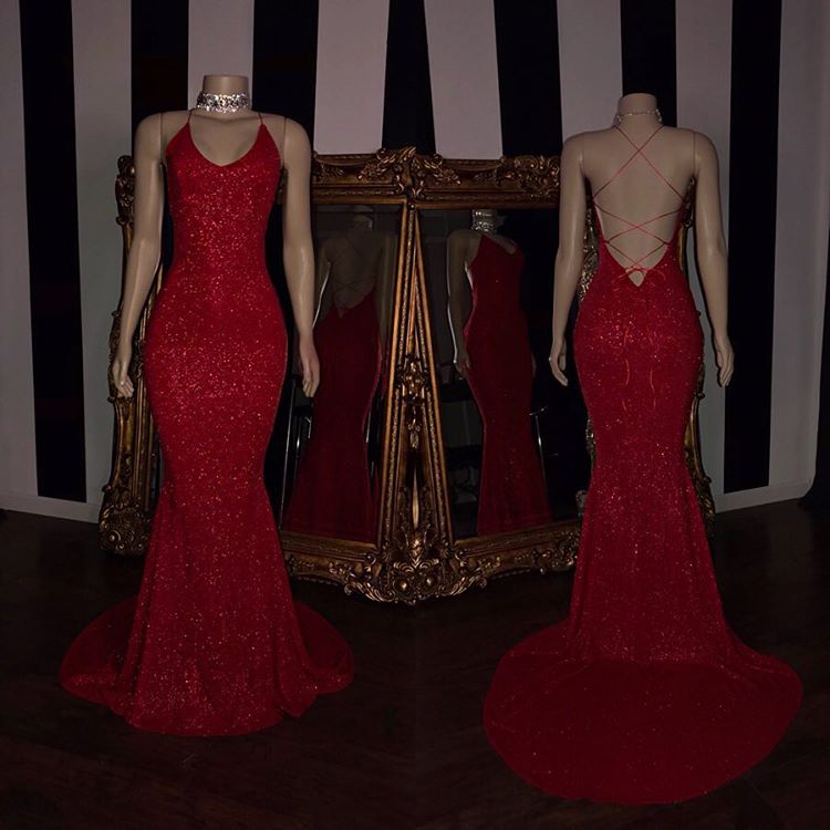 Sexy Spaghetti Straps Red Mermaid Prom Dress Sequins Chiffon Long-showprettydress
