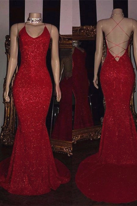 Sexy Spaghetti Straps Red Mermaid Prom Dress Sequins Chiffon Long-showprettydress