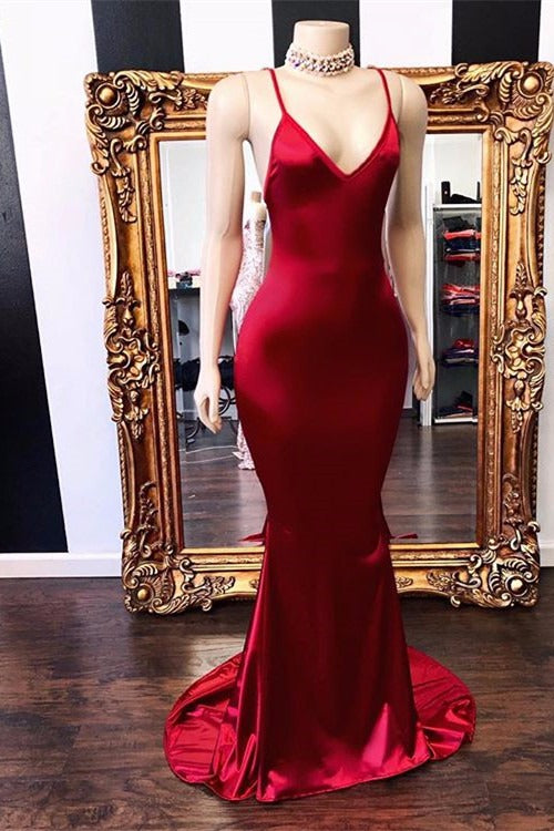 Sexy Spaghetti Straps V-Neck Mermaid Prom Dress Red Long Chiffon-showprettydress