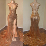 Sexy Spaghetti Straps V-Neck Mermaid Prom Dress Sequins Long Chiffon Gold With Split-showprettydress