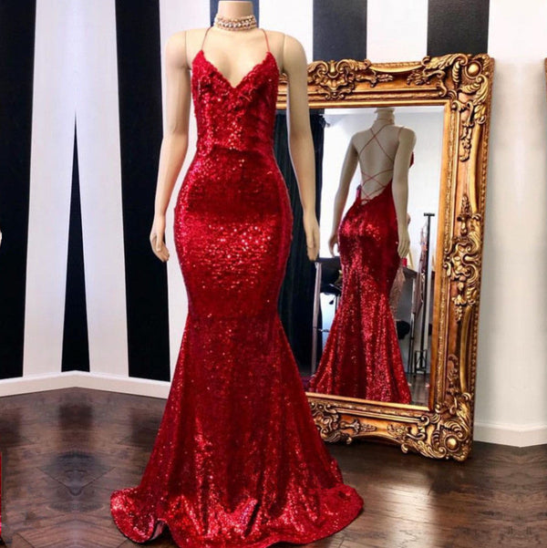 Sexy Spaghetti Straps V-Neck Mermaid Prom Dress Sequins Red Long-showprettydress