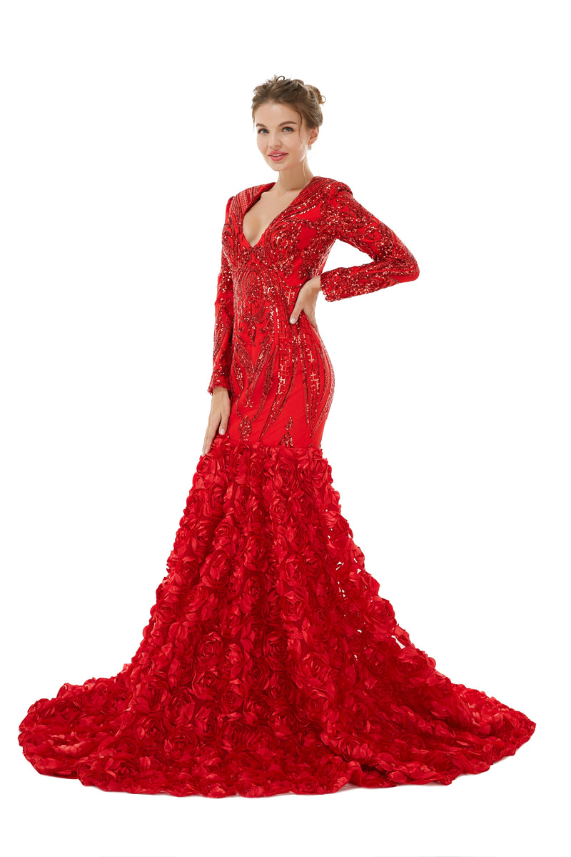Sexy Sparkle Red Long sleeves V-neck Flowers Prom Dress | Showprettydress Real Shooting-showprettydress