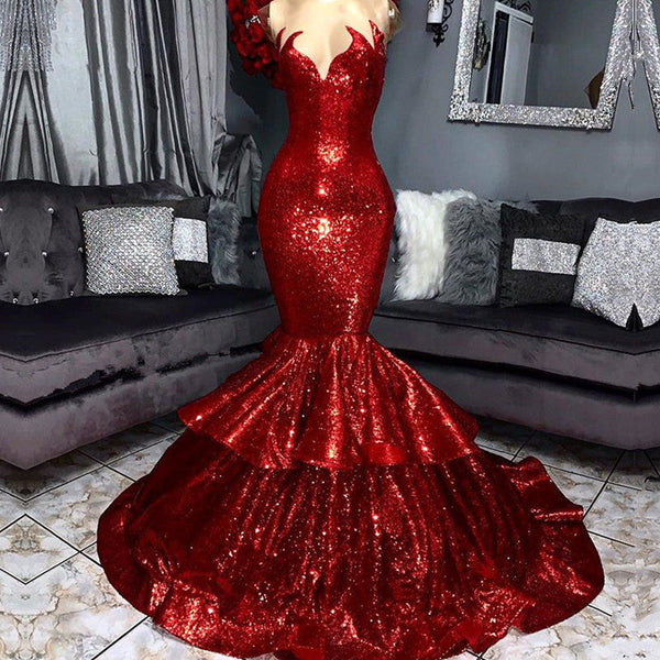 Sexy Strapless Mermaid Red Prom Dress Sequins Long-showprettydress