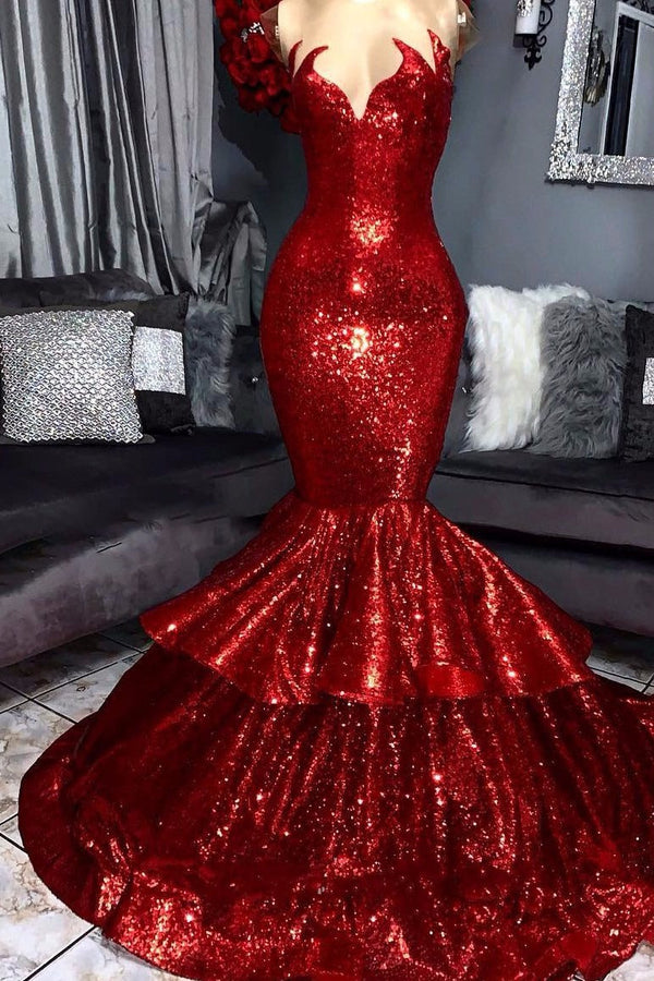 Sexy Strapless Mermaid Red Prom Dress Sequins Long-showprettydress