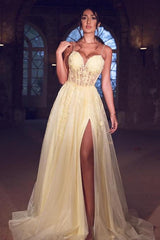 Sexy Tulle Spaghetti Straps Yellow Prom Dress Lace Long With Split-showprettydress