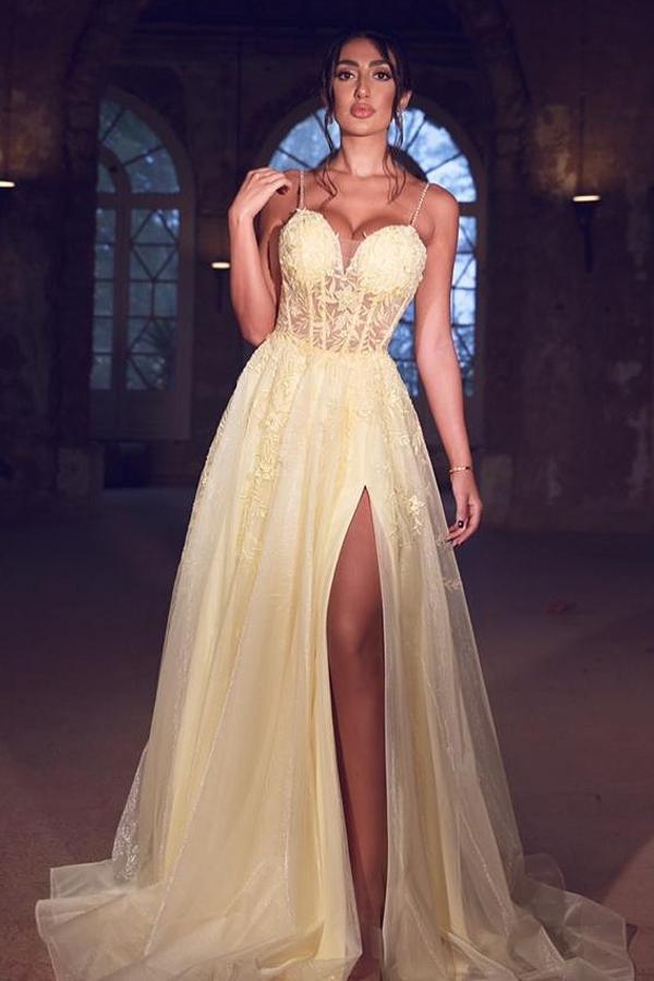 Sexy Tulle Spaghetti Straps Yellow Prom Dress Lace Long With Split-showprettydress