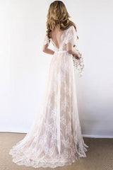 Sexy Tulle V-neck Short Sleeves Wedding Dress Lace Long-showprettydress