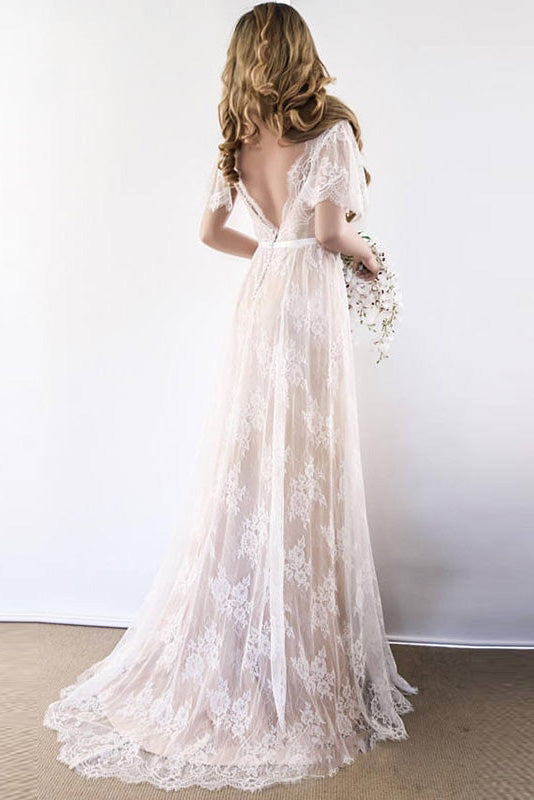 Sexy Tulle V-neck Short Sleeves Wedding Dress Lace Long-showprettydress