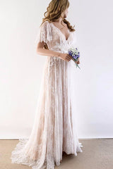 Sexy Tulle V-neck Short Sleeves Wedding Dress Lace Long-showprettydress