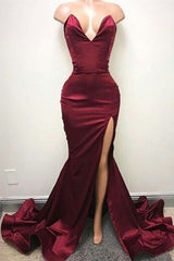 Sexy V-neck Chiffon Mermaid Prom Dress Long With Split Burgundy-showprettydress
