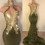 Sexy V-neck Halter Backless Mermaid Prom Dress Sequins Chiffon Green Long Backless-showprettydress