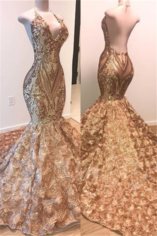 Sexy V-Neck Halter Gold Mermaid Prom Dress Sequins Backless Long-showprettydress