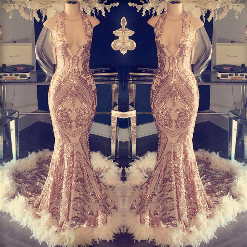 Sexy V-neck Halter Mermaid Prom Dress Gold Sequins Long Backless-showprettydress