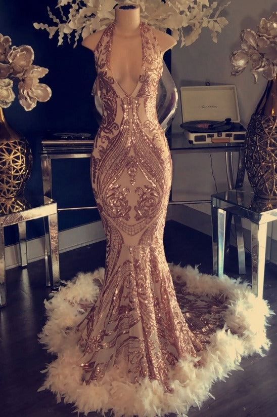 Sexy V-neck Halter Mermaid Prom Dress Gold Sequins Long Backless-showprettydress