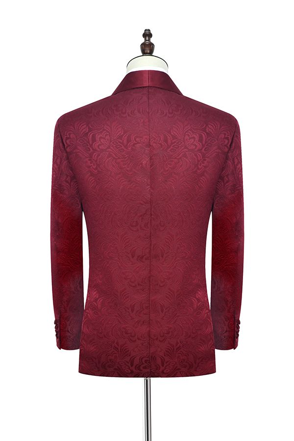 Sharp-looking Burgundy Jacquard One Button Silk Shawl Lapel Mens Suits for Wedding and Prom-showprettydress