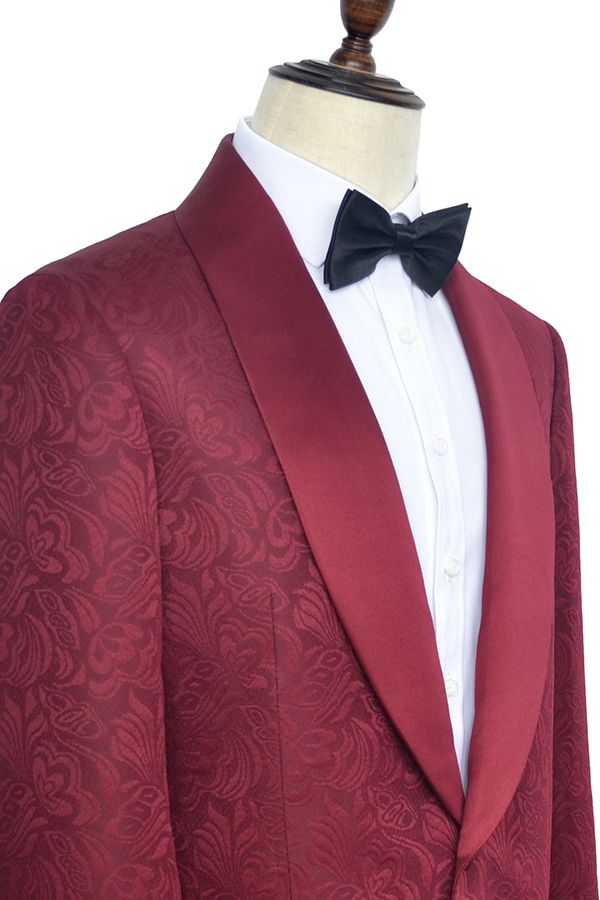 Sharp-looking Burgundy Jacquard One Button Silk Shawl Lapel Mens Suits for Wedding and Prom-showprettydress
