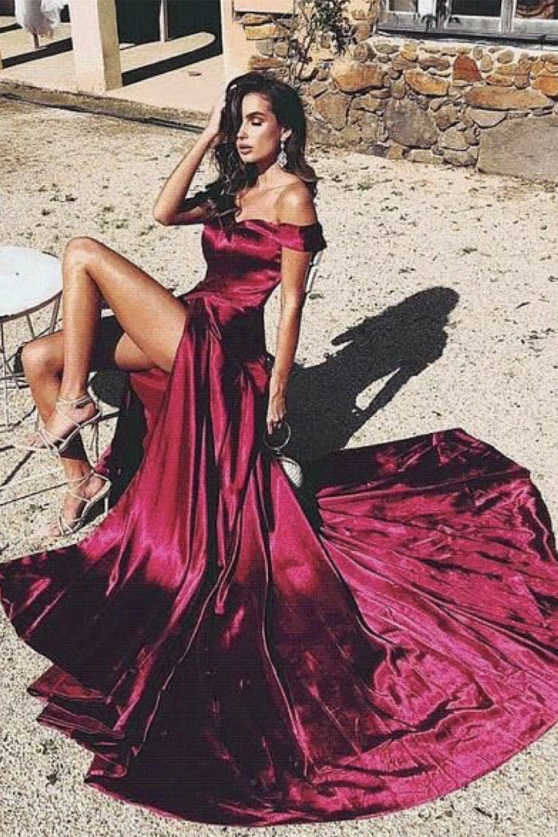 Sheath Off-the Shoulder Chapel Length Charmeuse Evening Dress-showprettydress