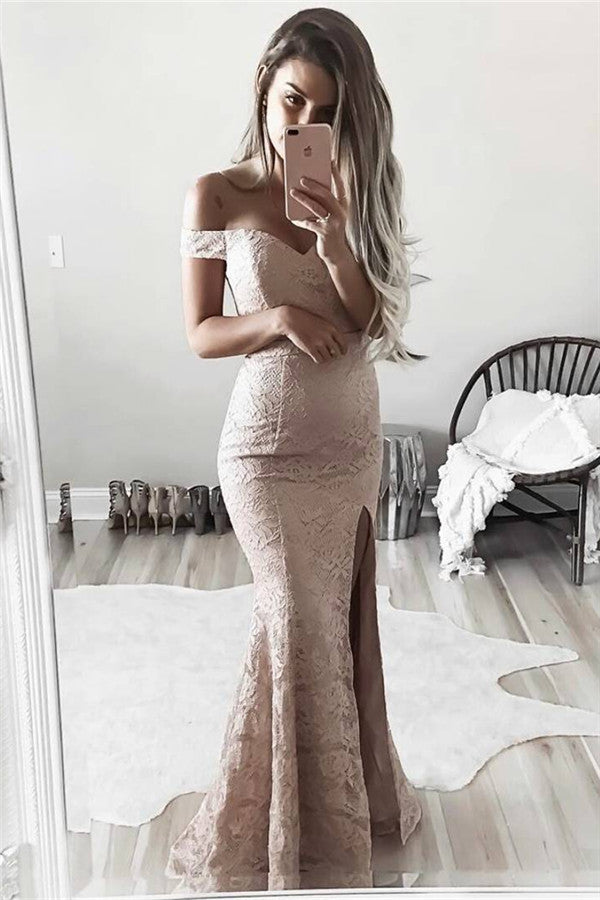 Sheath Off-the-Shoulder Lace Formal Evening Dress Chic Side Slit Evening Gowns-showprettydress