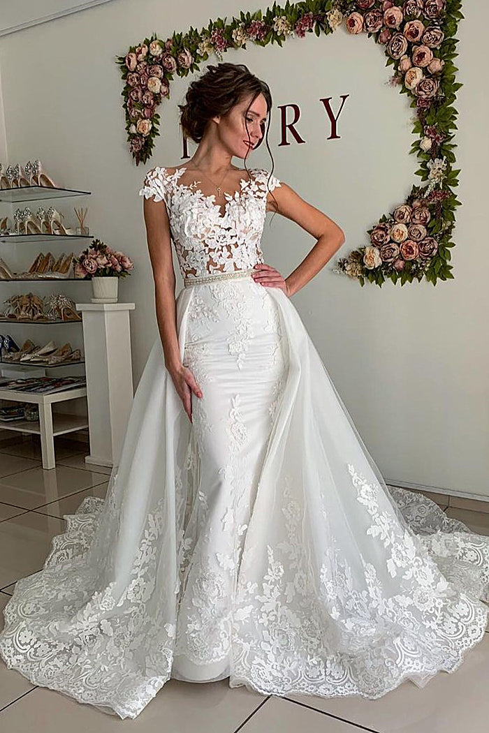 Sheath Portrait Floor Length Tulle Crochet Flower Applique Wedding Dress-showprettydress