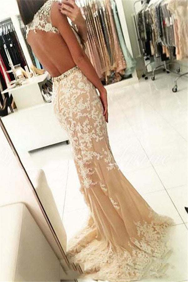 Sheath Round Collar Floor Length Backless Tulle Applique Evening Dress-showprettydress