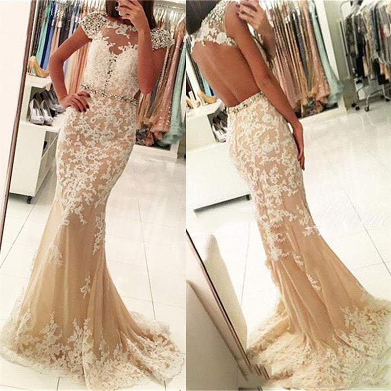 Sheath Round Collar Floor Length Backless Tulle Applique Evening Dress-showprettydress