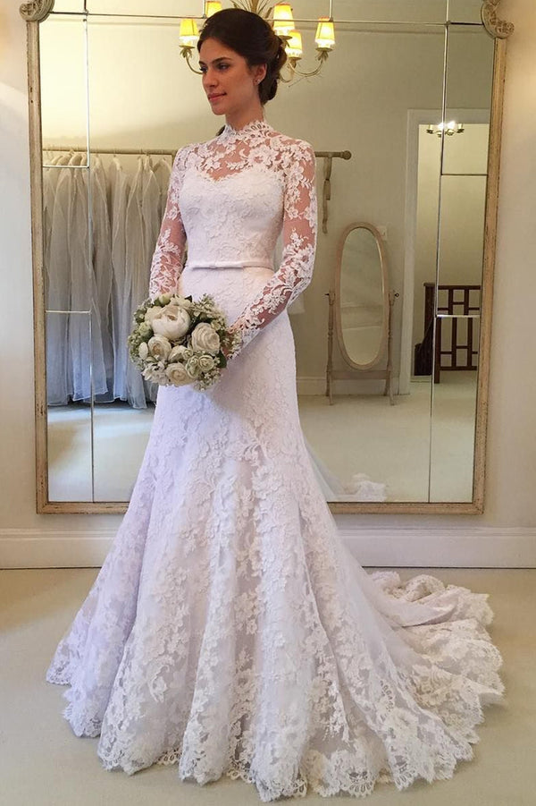 Sheath Small Round Collar Long Sleeves Sweep Train Tulle Applique Lace Wedding Dress-showprettydress