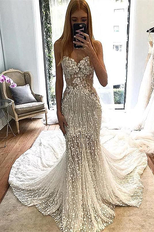 Sheath Strapless Floor Length Tulle Paillette Wedding Dress-showprettydress