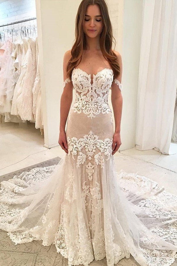 Sheath Sweetheart Floor Length Chapel Tulle Embroidery Wedding Dress-showprettydress