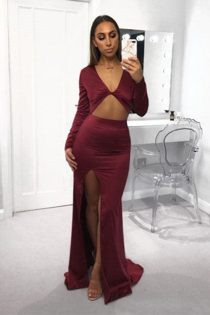 Sheath V-neck Front Slit Floor Length Long Sleeves Chiffon Evening Dress-showprettydress