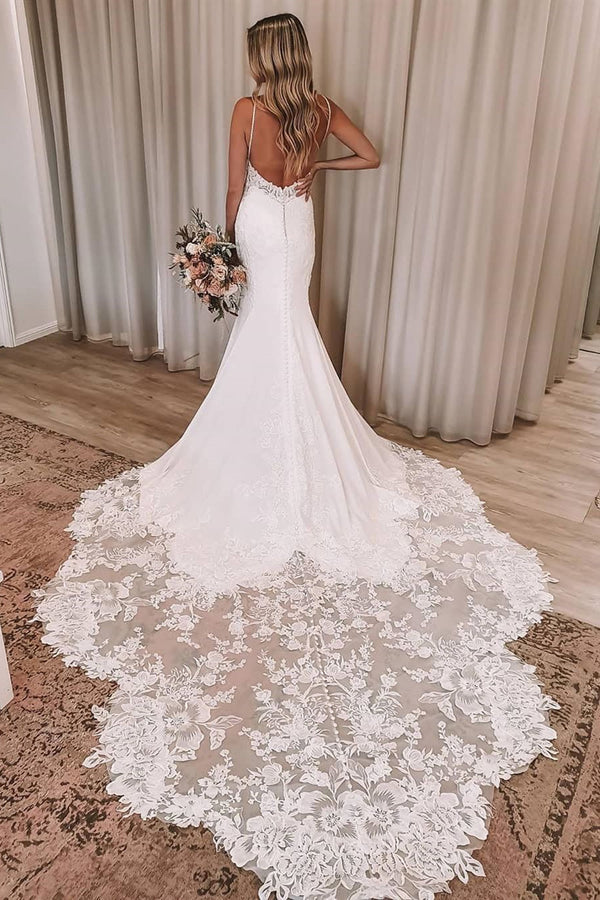 Sheath V-neck Spaghetti Strap Floor Length Backless Chiffon Applique Wedding Dress-showprettydress