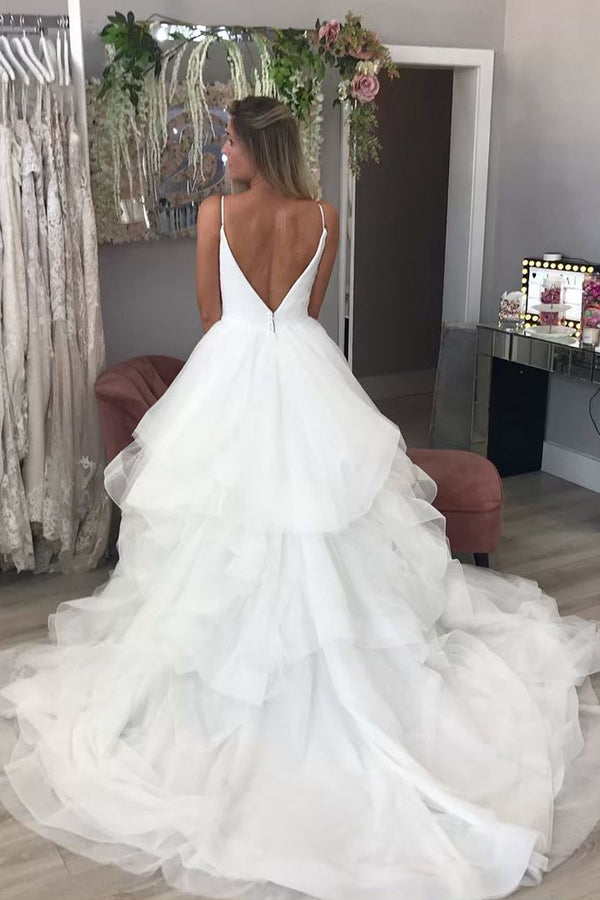 Sheath V-neck Spaghetti Strap Floor Length Backless Tulle Applique Wedding Dress-showprettydress