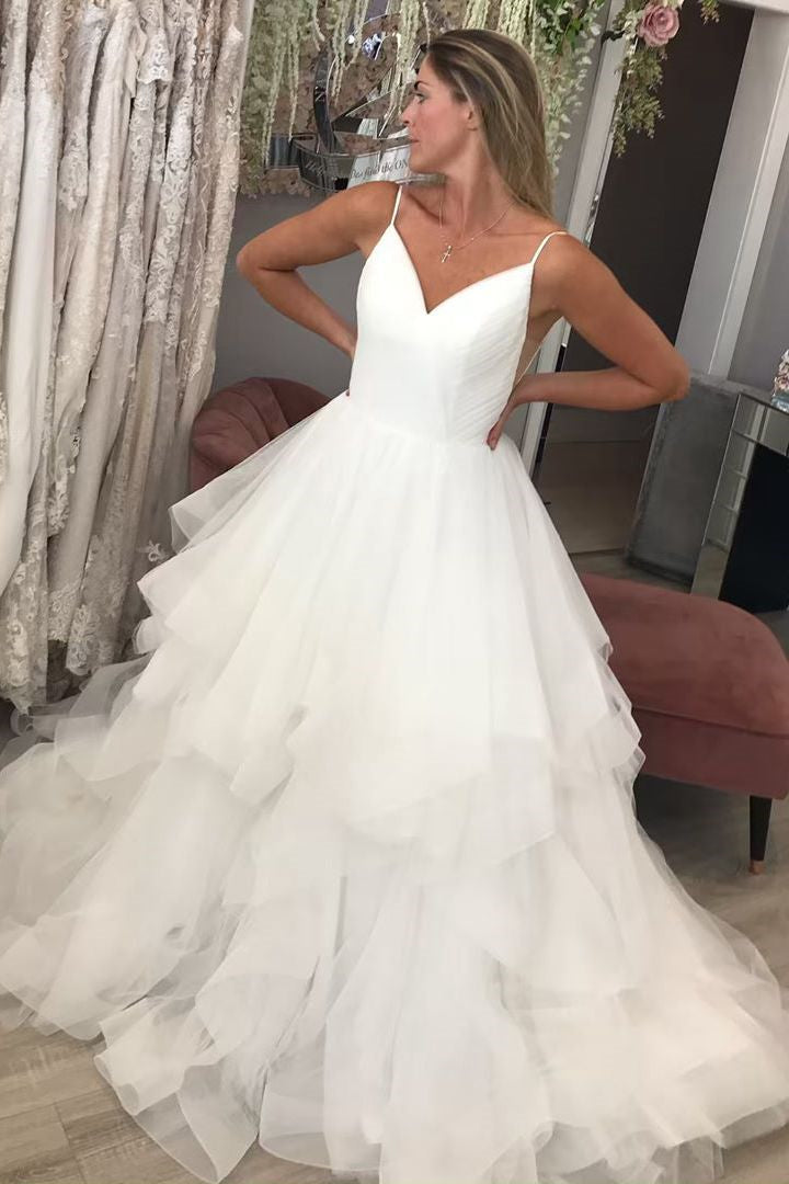 Sheath V-neck Spaghetti Strap Floor Length Backless Tulle Applique Wedding Dress-showprettydress