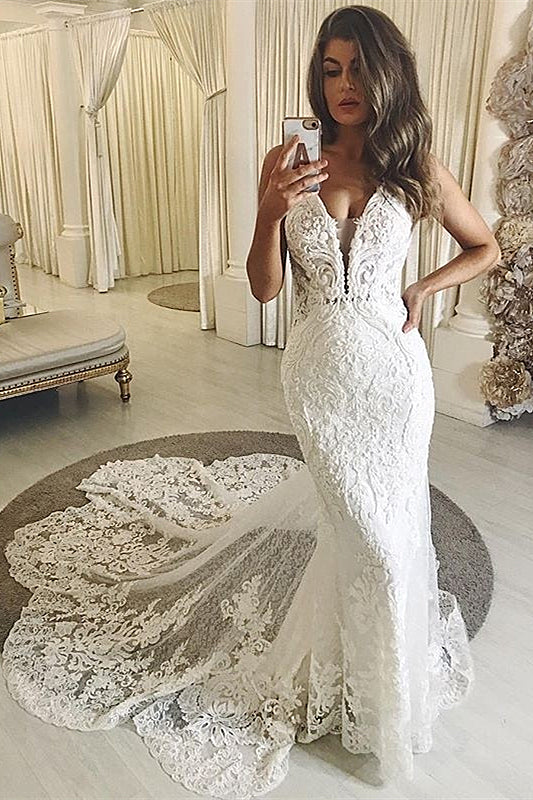 Sheath V-neck Spaghetti Strap Floor Length Tulle Applique Wedding Dress-showprettydress
