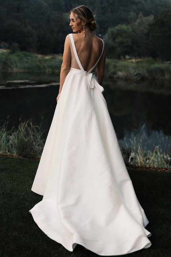 Sheath V-neck Wide Strap Floor Length Backless Chiffon Wedding Dress-showprettydress