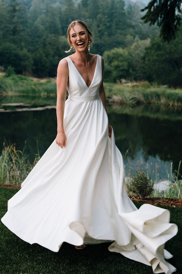 Sheath V-neck Wide Strap Floor Length Backless Chiffon Wedding Dress-showprettydress