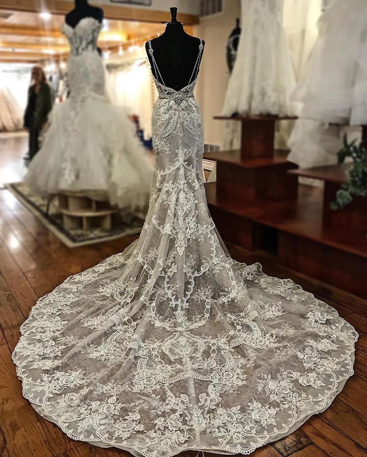 Sheath V-neck Wide Strap Floor Length Backless Tulle Lace Applique Wedding Dresses-showprettydress