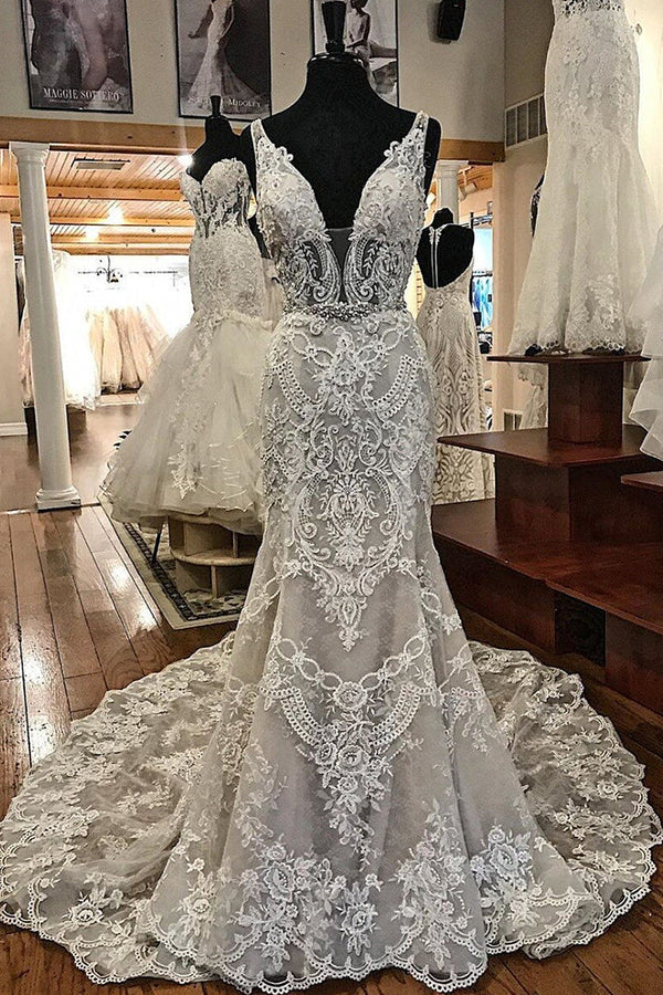 Sheath V-neck Wide Strap Floor Length Backless Tulle Lace Applique Wedding Dresses-showprettydress