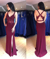 Sheath V-neck Wide Strap Front Slit Floor Length Chiffon Applique Evening Dress-showprettydress