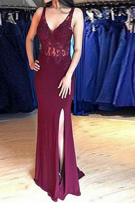 Sheath V-neck Wide Strap Front Slit Floor Length Chiffon Applique Evening Dress-showprettydress
