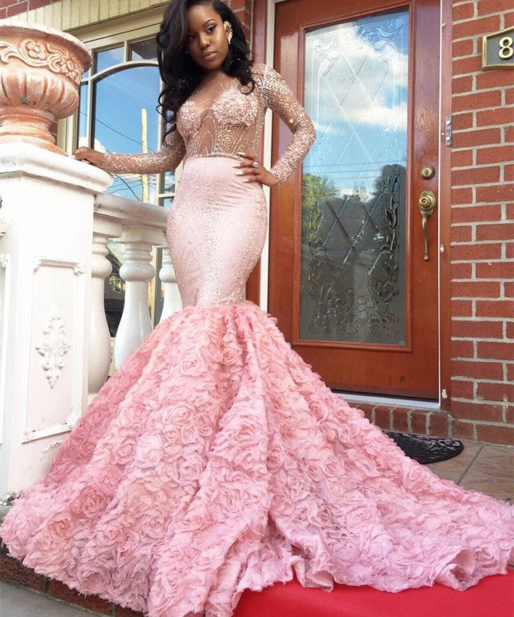 Sheer Tulle Beads Sequins Long Sleeves Prom Dresses Mermaid Flowers Luxurious Evening Gowns New Arrival-showprettydress