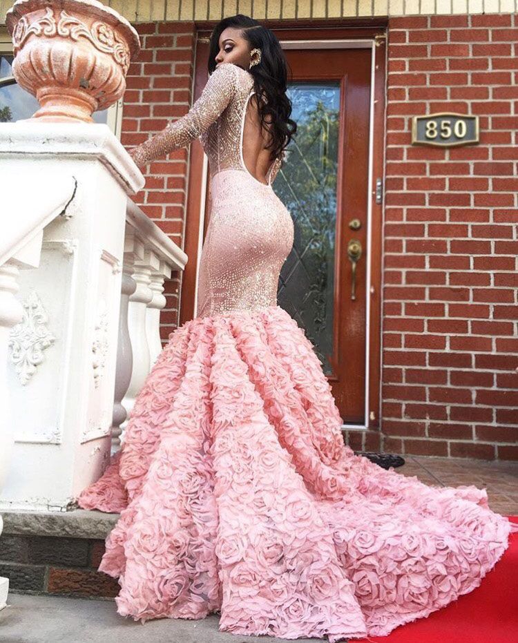 Sheer Tulle Beads Sequins Long Sleeves Prom Dresses Mermaid Flowers Luxurious Evening Gowns New Arrival-showprettydress
