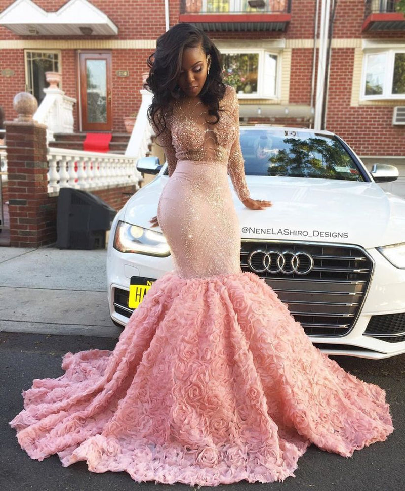 Sheer Tulle Beads Sequins Long Sleeves Prom Dresses Mermaid Flowers Luxurious Evening Gowns New Arrival-showprettydress