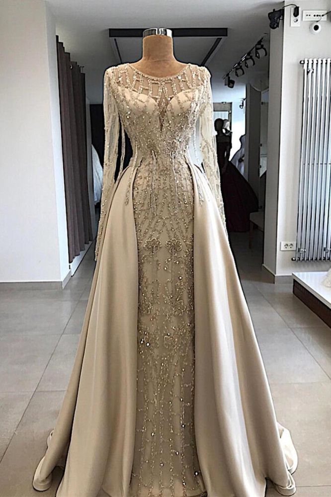 Shining Beaded Long Sleevess Round Neck Prom Dresses With Over Skirt A Line Evening Gowns-showprettydress