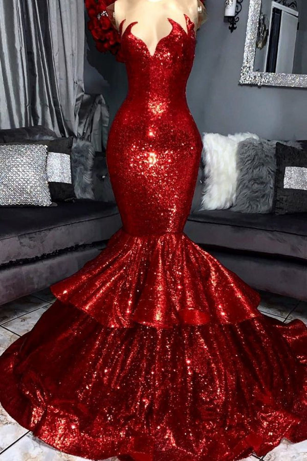 Shining Hot Red Mermaid Prom Party Gowns with Ruffles-showprettydress