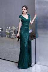 Shining Sequined Emerald Green Mermaid Cap sleeve Long Prom Party Gowns-showprettydress