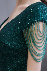 Shining Sequined Emerald Green Mermaid Cap sleeve Long Prom Party Gowns-showprettydress