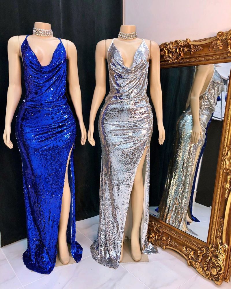 Shinning Sequins V-neck Sleeveless Front Slit Mermaid Prom Dresses-showprettydress