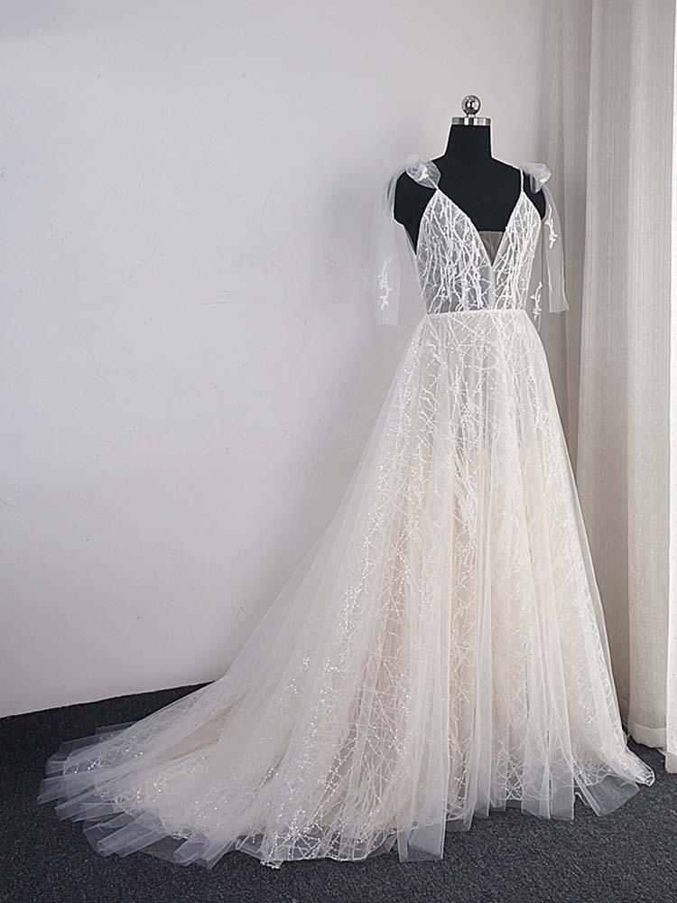 Shinny Long A-Line V-Neck Backless Sequins Wedding Dresses-showprettydress