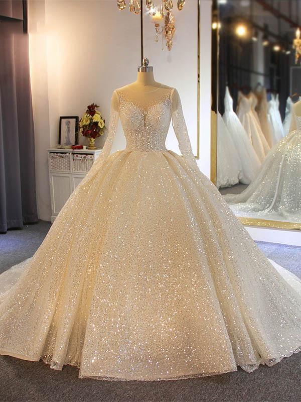 Shinny Long Ball Gown Sweetheart Sparkling Wedding Dresses with Sleeves-showprettydress