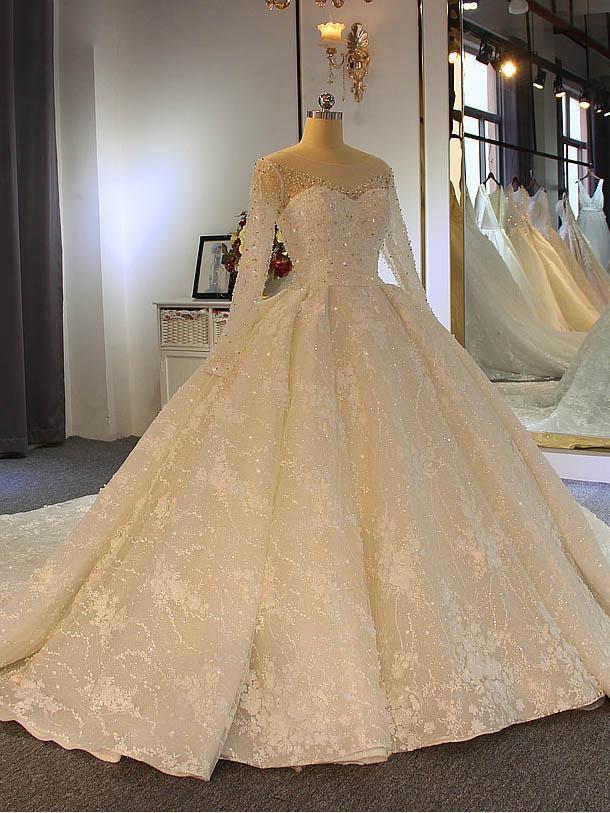 Shinny Long Ball Gown Sweetheart Tulle Lace Wedding Dresses with Sleeves-showprettydress